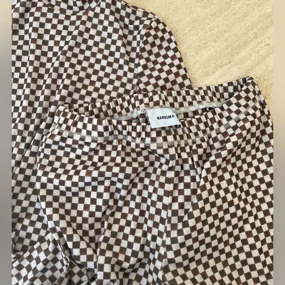 Nanushka checkered long sleeve Harri Checked Mesh Turtleneck Top wide leg pants - Picture 3 of 9